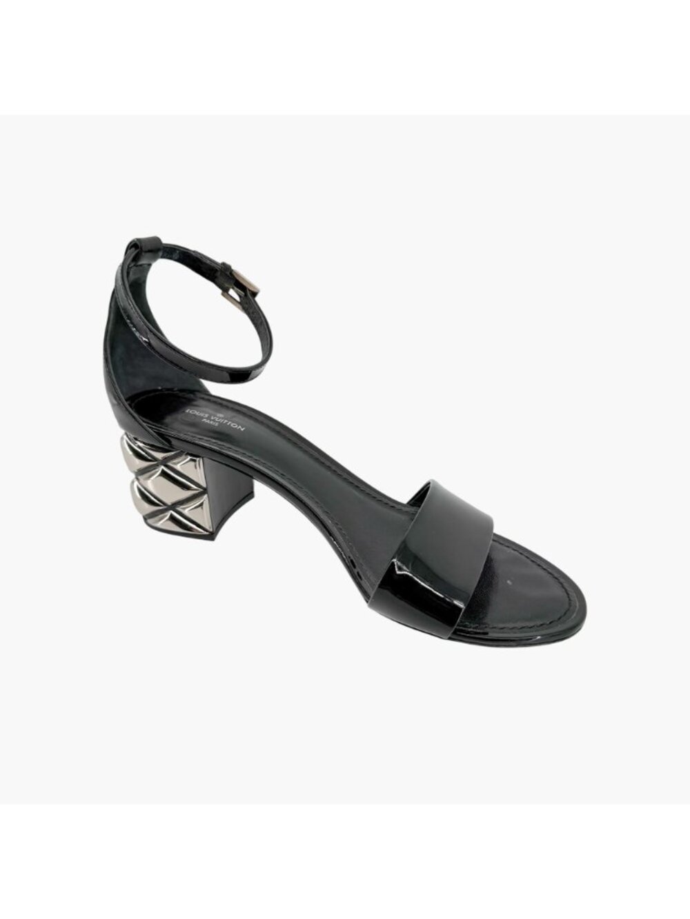Louis Vuitton Silver Light LV Block Heel Sandals Black Patent Size 38.5 US 8.5 - Picture 11 of 15